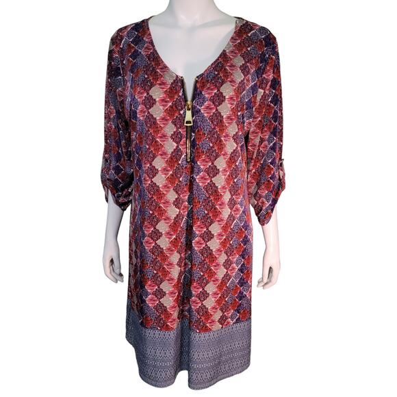 Tacera Boho Tunic Midi Dress XL Colorful Tribal Geometric Print Gold Zipper - Picture 1 of 10